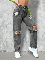 Dark Grey Ripped Straight Jeans High Rise Distressed Denim Pants