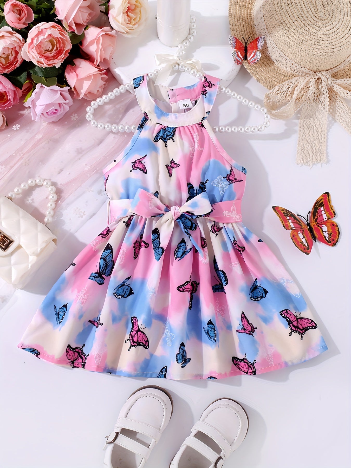 Cute Tie Dye Butterfly Halter Dress for Baby Girls