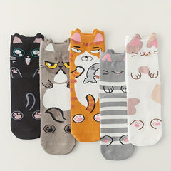 Girls Cartoon Graffiti Cats Pattern Crew Socks Pack of 5