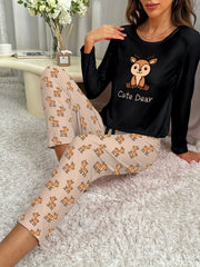 Cartoon Deer Print Pajama Set Long Sleeve Top & Pants