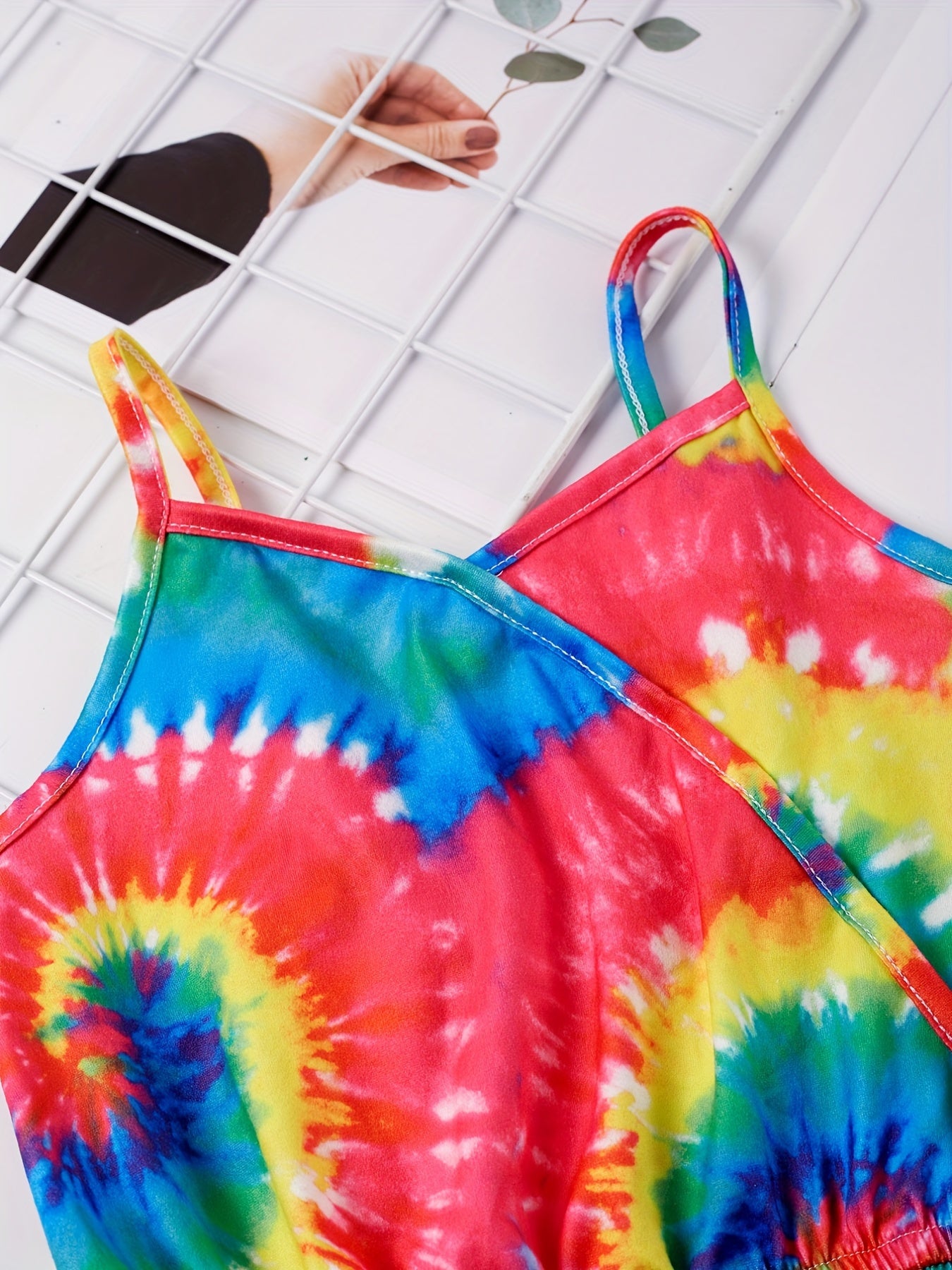 Girls Spiral Tie Dye Ruffle Trim Sleeveless Jumpsuit