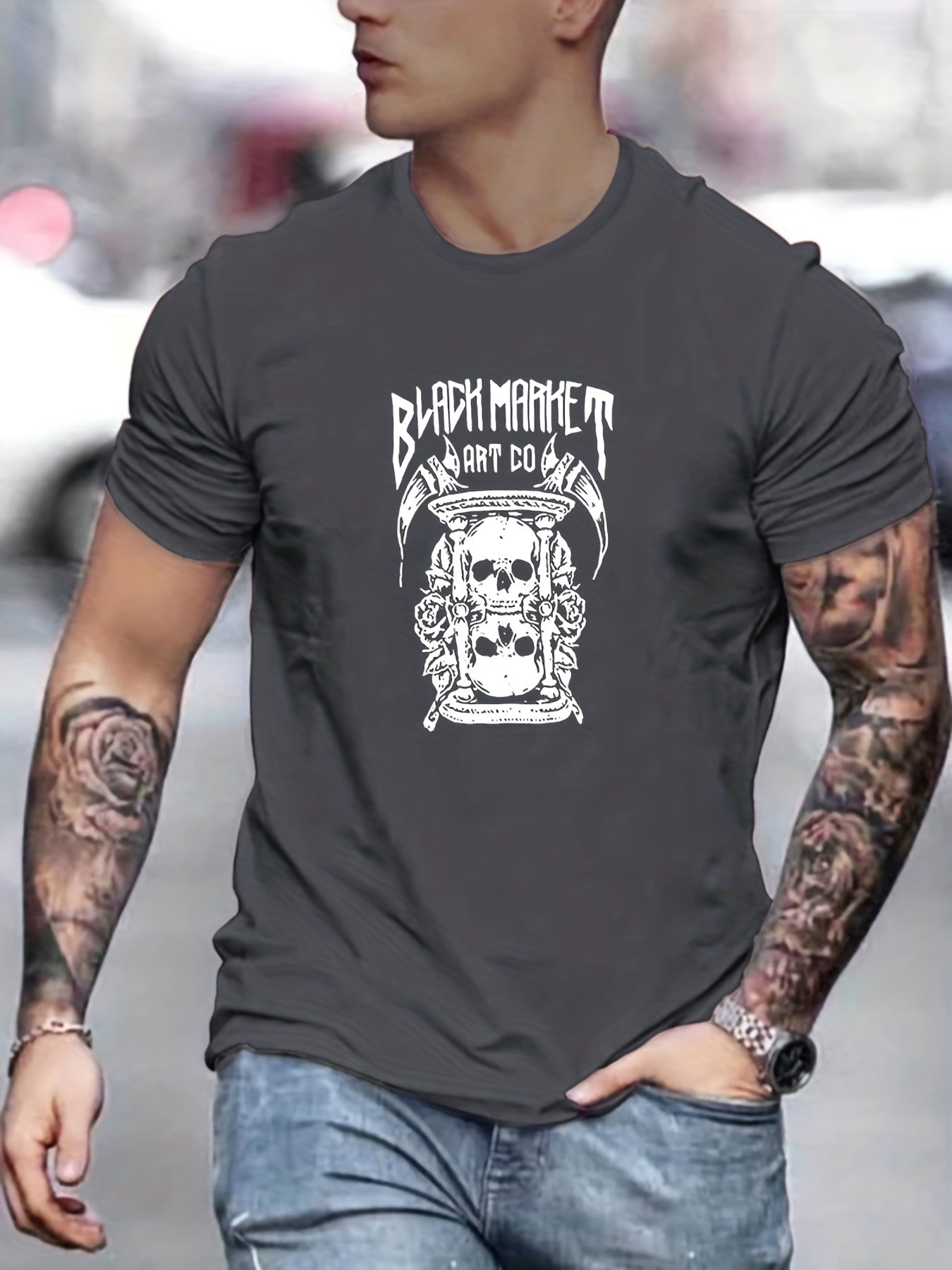 Men's Skull Hourglass Graphic T shirt Casual Stretch Tee