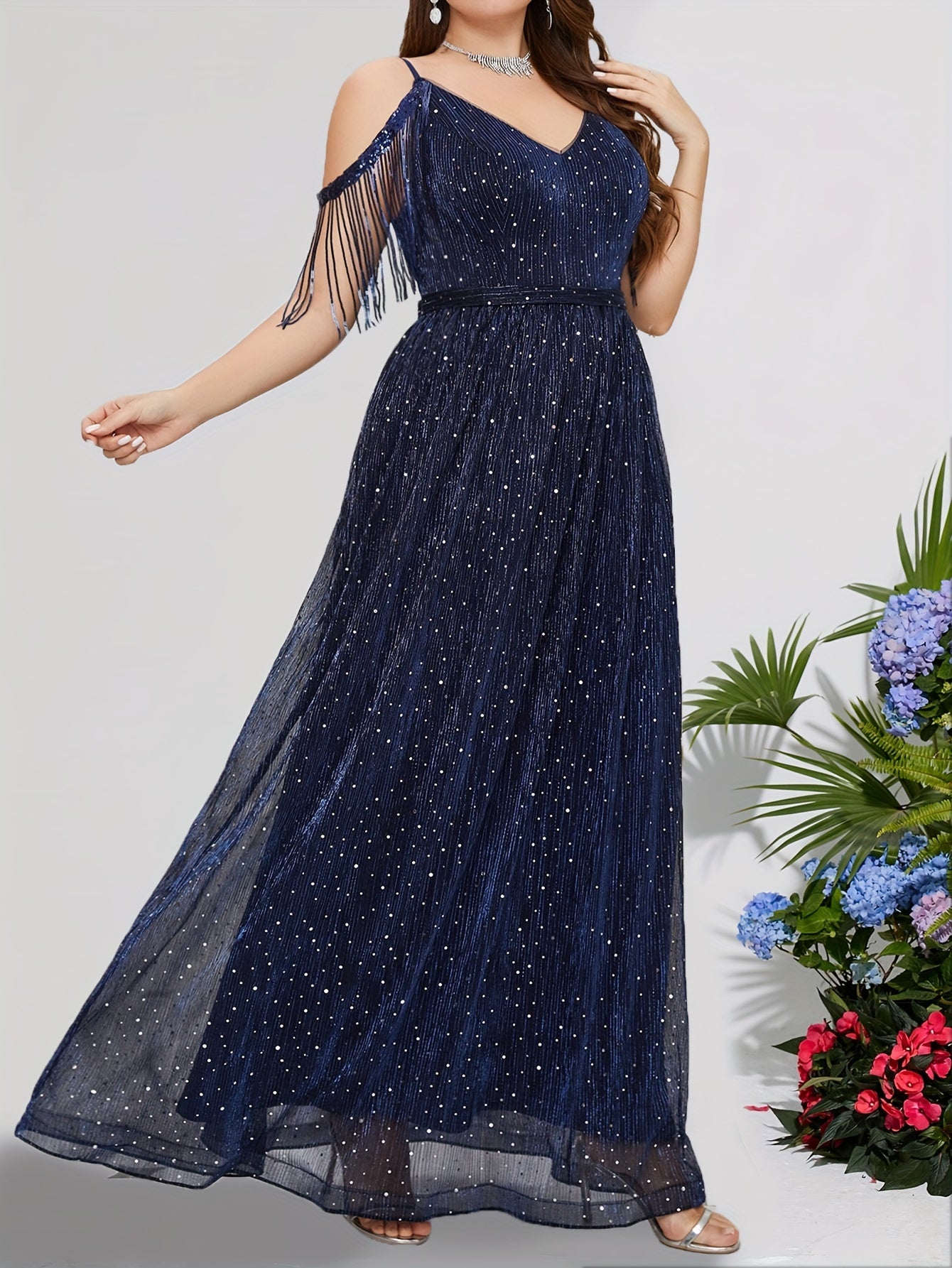 Sequin Fringe Trim V Neck Bridesmaid Dress