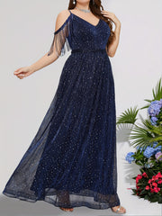 Sequin Fringe Trim V Neck Bridesmaid Dress