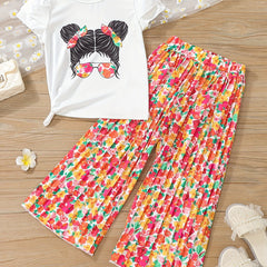 Girl's 2pcs T Shirt & Pleated Wide Leg Pants Set Anime Print Top Casual Outfits