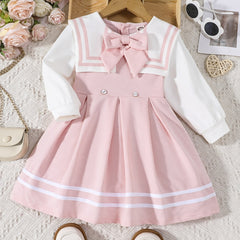 Girls Sailor Collar Princess Dress With Bow - Autumn/Spring