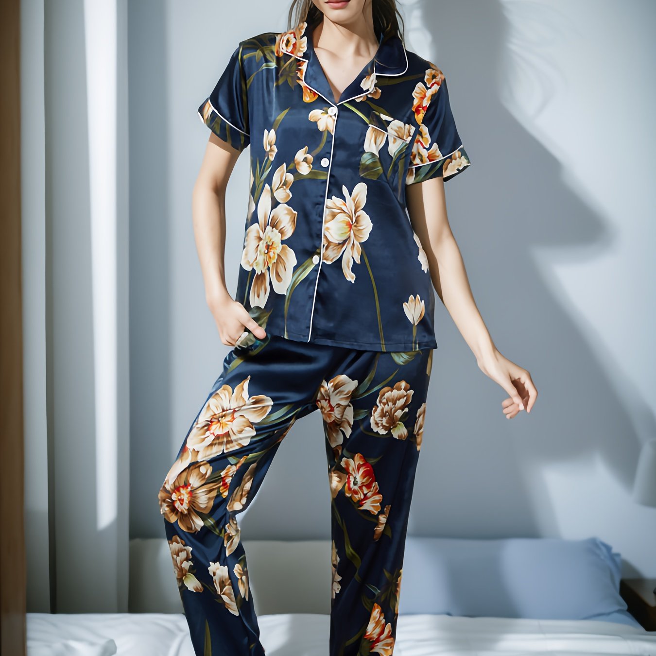 Floral Print Pajama Set Short Sleeve Buttons Top & Elastic Waistband Pants