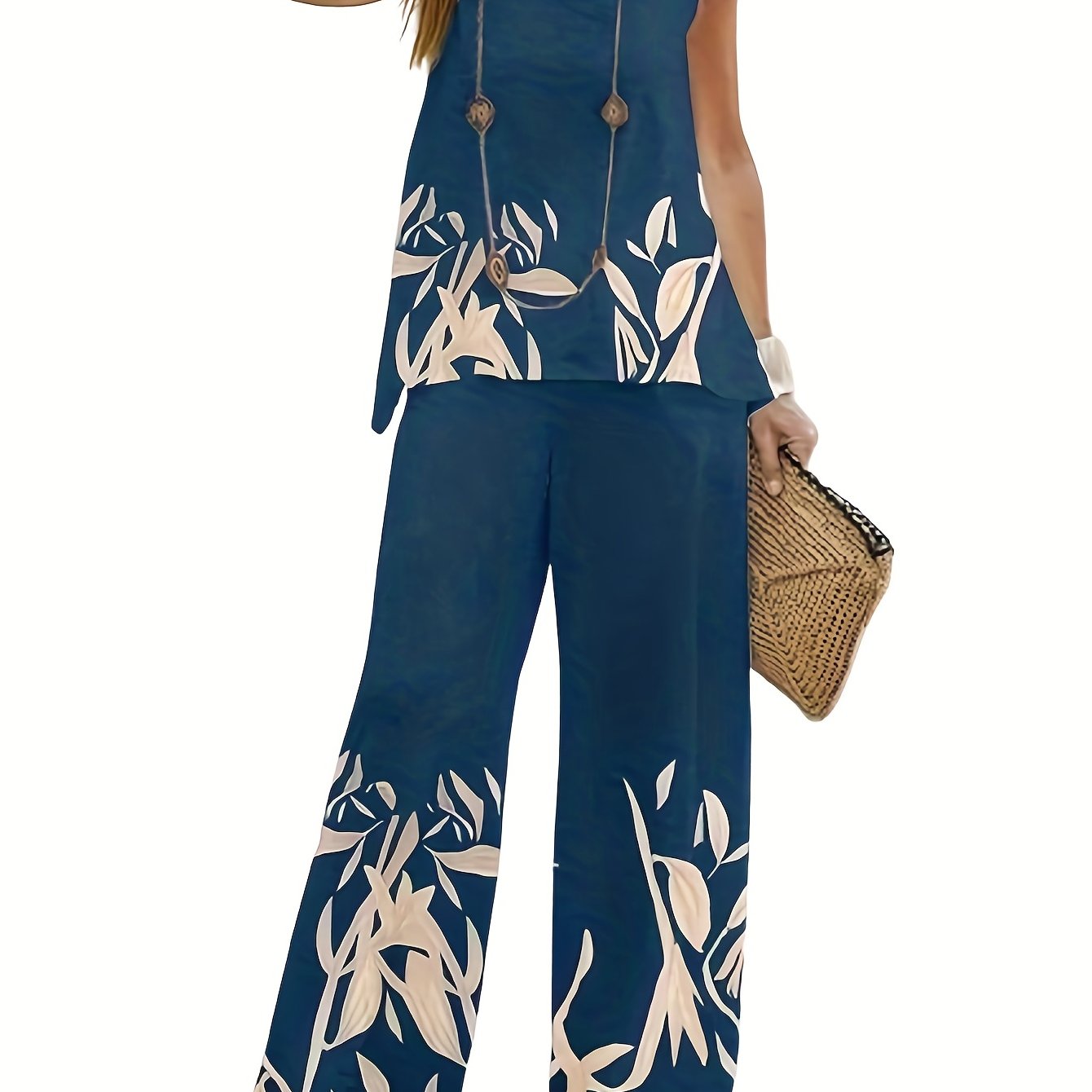 Women's Plus Leaf Print Tank Top & Pants 2 Piece Set