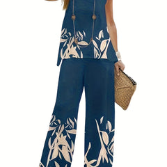 Women's Plus Leaf Print Tank Top & Pants 2 Piece Set
