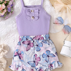 Girl's Ribbed Cami Top and Butterfly Print Shorts Set