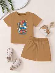 Toddler Kid Short Sleeve T shirt & Matching Shorts Cartoon Pattern Cotton