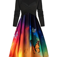 Colorblock Ombre & Butterfly Print Long Sleeve Dress