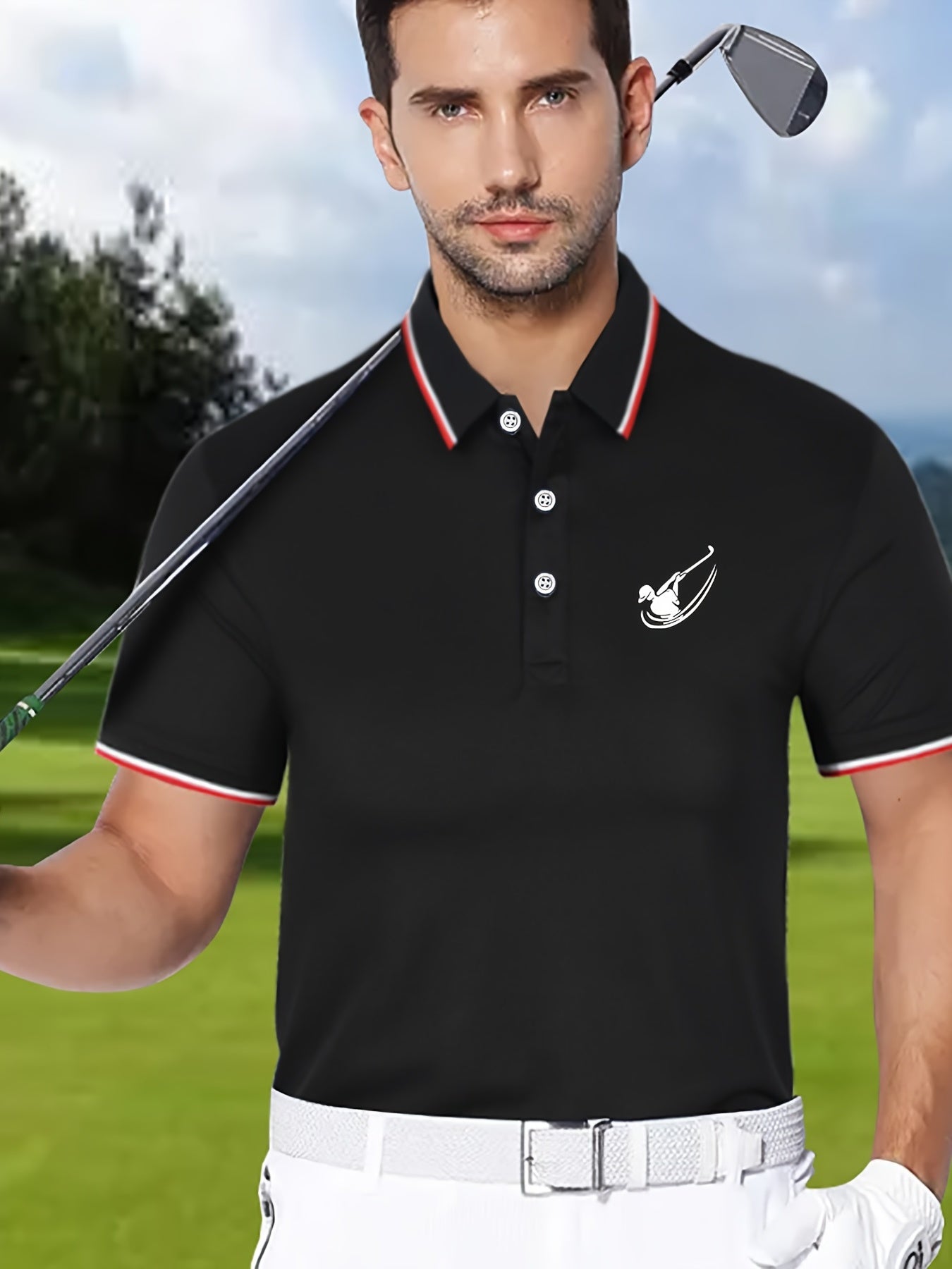 Men's Golf Print Polo Shirt Casual Stretch Lapel Button Short Sleeve