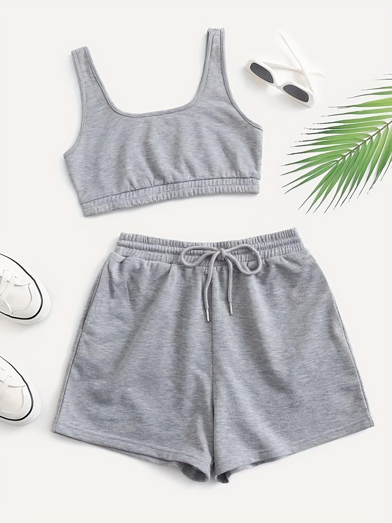 Casual Solid 2pc Set Crop Tank Top & Drawstring Shorts Outfit