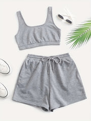 Casual Solid 2pc Set Crop Tank Top & Drawstring Shorts Outfit