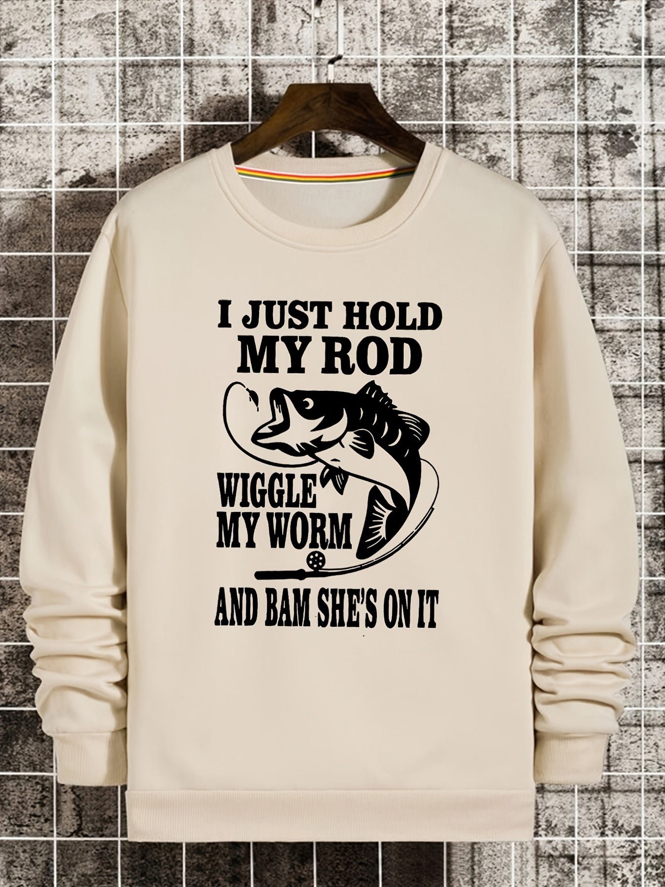 Funny Fishing Slogan Print Sweatshirt Men's Casual Crew Neck Pullover
