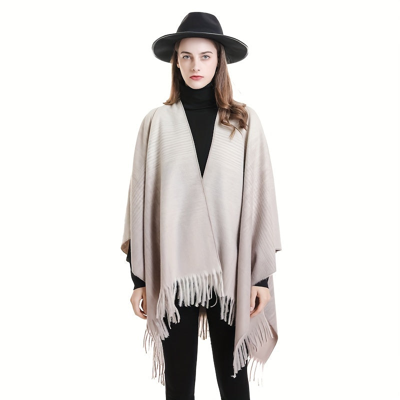 Striped Fringed Shawl Warm Poncho Cape