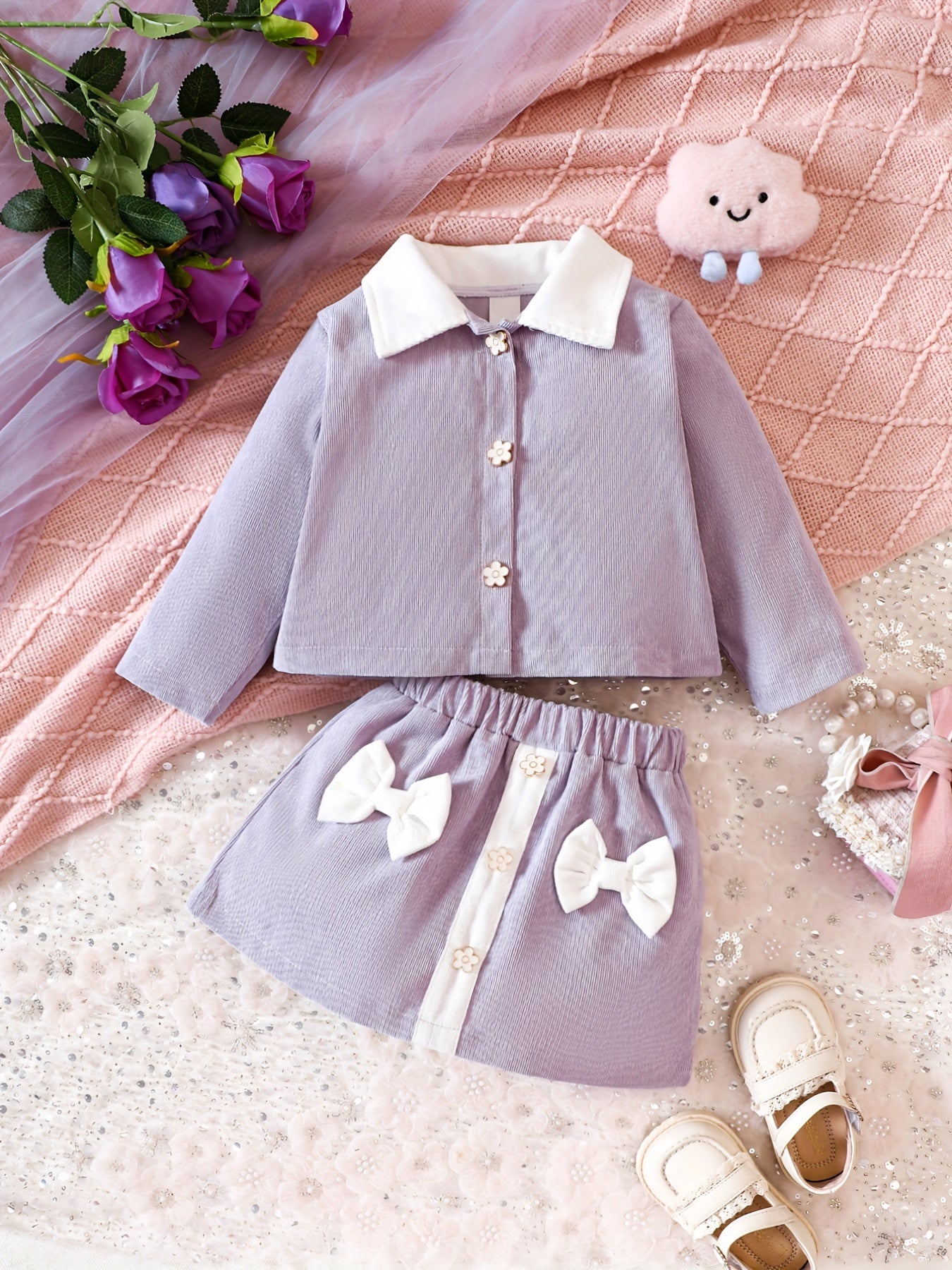 Sweet Girls Floral Button Down Cardigan & Bow Skirt Set
