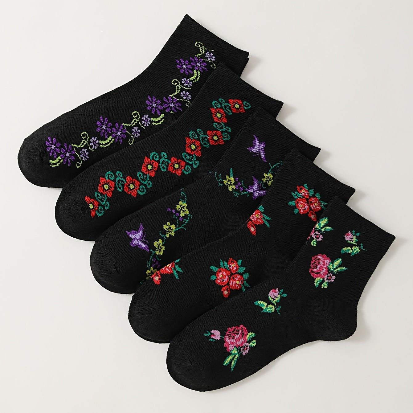 5 Pairs Floral Print Socks Women's Mid Tube Stockings Comfy & Breathable