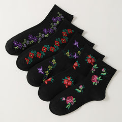5 Pairs Floral Print Socks Women's Mid Tube Stockings Comfy & Breathable