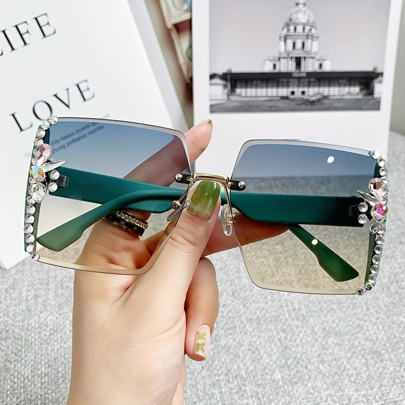 Rhinestone Rimless Sunglasses for Women Gradient UV400 Sun Shades