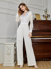 Lace Long Sleeve Tie Waist Jumpsuit Wide Leg
