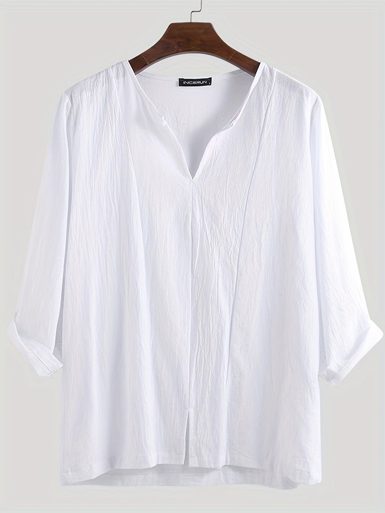INCERUN Men's Casual Vintage V Neck Party Shirt 3/4 Sleeve Solid Beach Tee