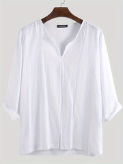 INCERUN Men's Casual Vintage V Neck Party Shirt 3/4 Sleeve Solid Beach Tee
