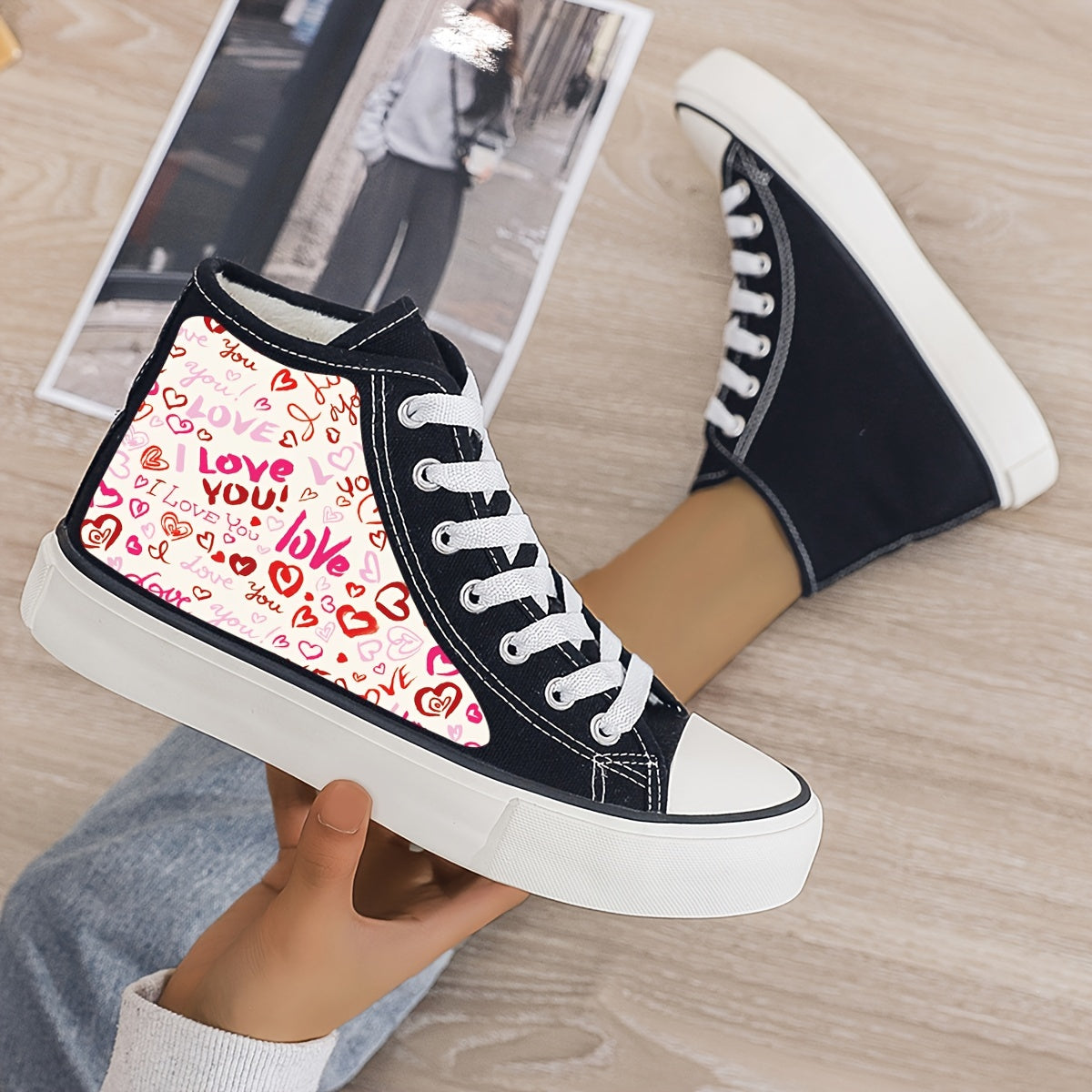 Love & Heart Print Plush Lined Thermal Chunky Canvas Sneakers