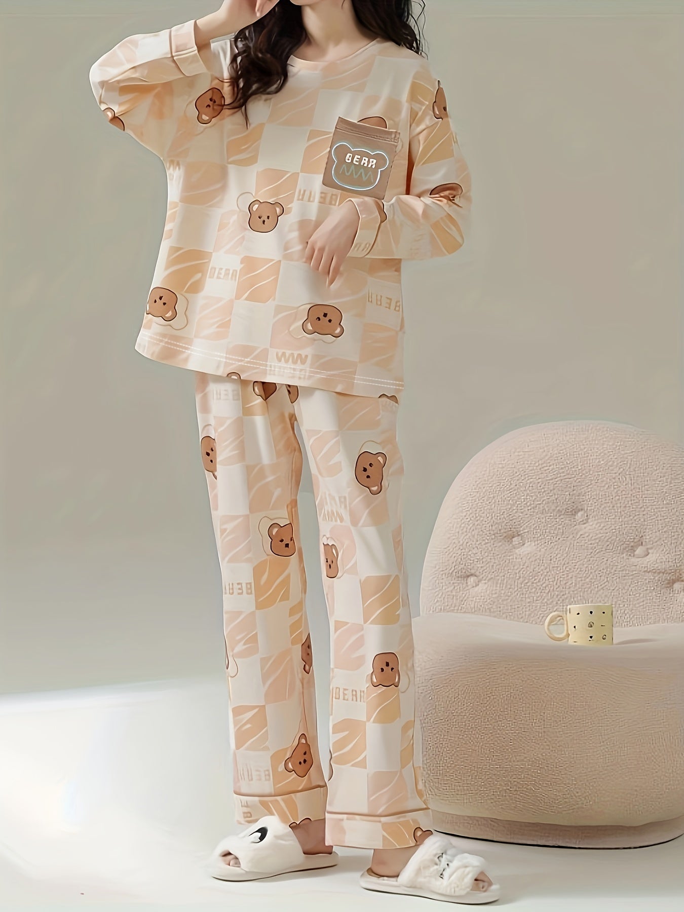 Bear Print Pajama Set Long Sleeve Crew Neck Top & Pants