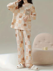 Bear Print Pajama Set Long Sleeve Crew Neck Top & Pants