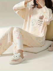 Bear Print Pajama Set Crew Neck Top & Pants Women's Sleepwear