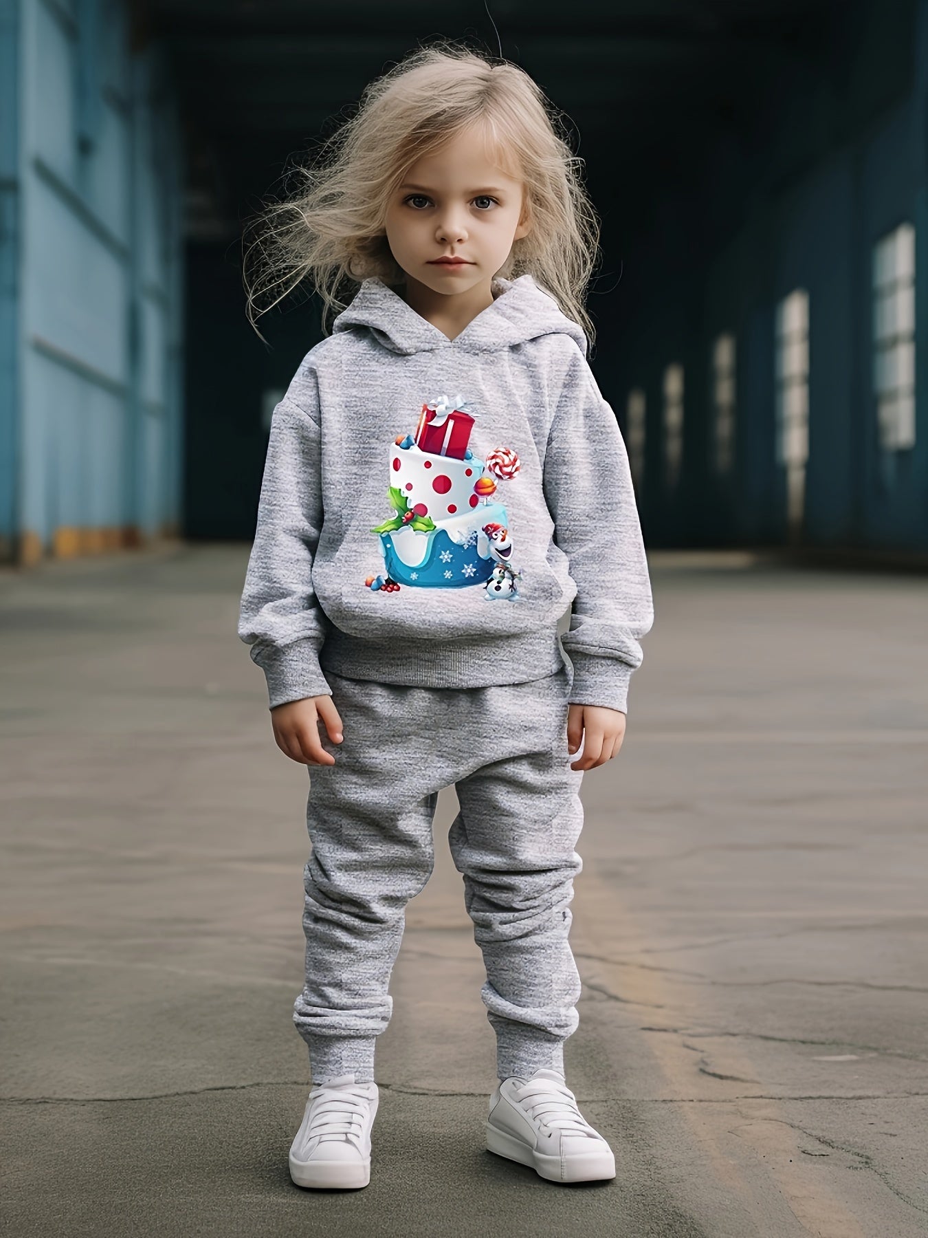 Girls Cartoon Cake Hooded Sweatshirt Set Long Sleeve Solid Sweatpants
