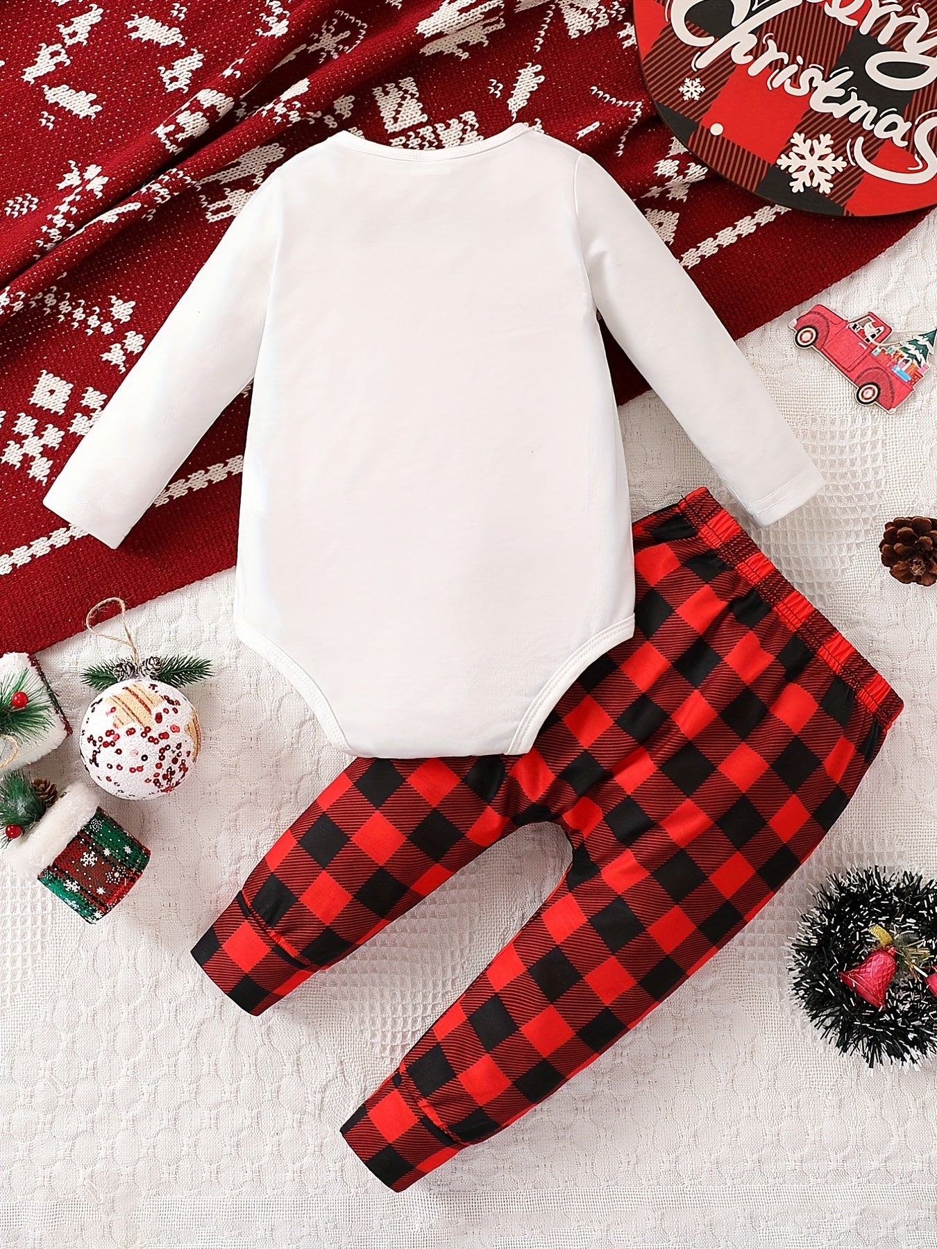Toddler Boys Christmas Outfit Santa Claus Graphic Bodysuit Plaid Trousers Set