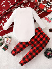 Toddler Boys Christmas Outfit Santa Claus Graphic Bodysuit Plaid Trousers Set