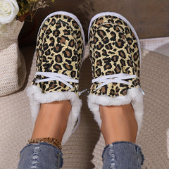 Leopard Print Women's Fleece Snow Boots Non Slip Warm Plush Shoes