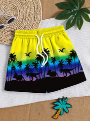 Boys Swim Trunks Coconut Trees Dinosaur Print Elastic Waist Drawstring