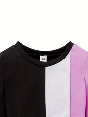 Girls' Colorblock Long Sleeve T Shirt Dress With Waistbag