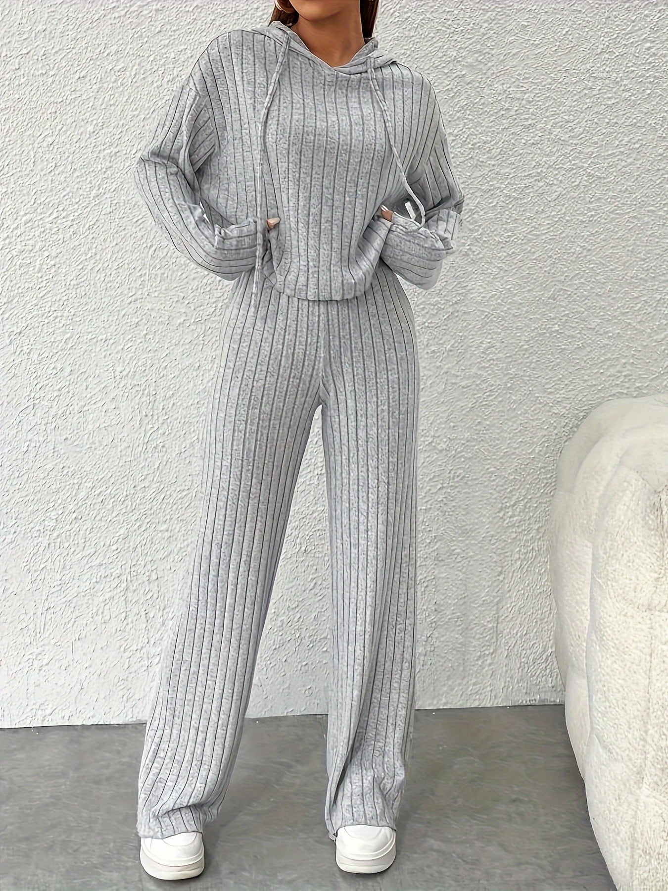 Solid Long Sleeve Ribbed Knit Lounge Set