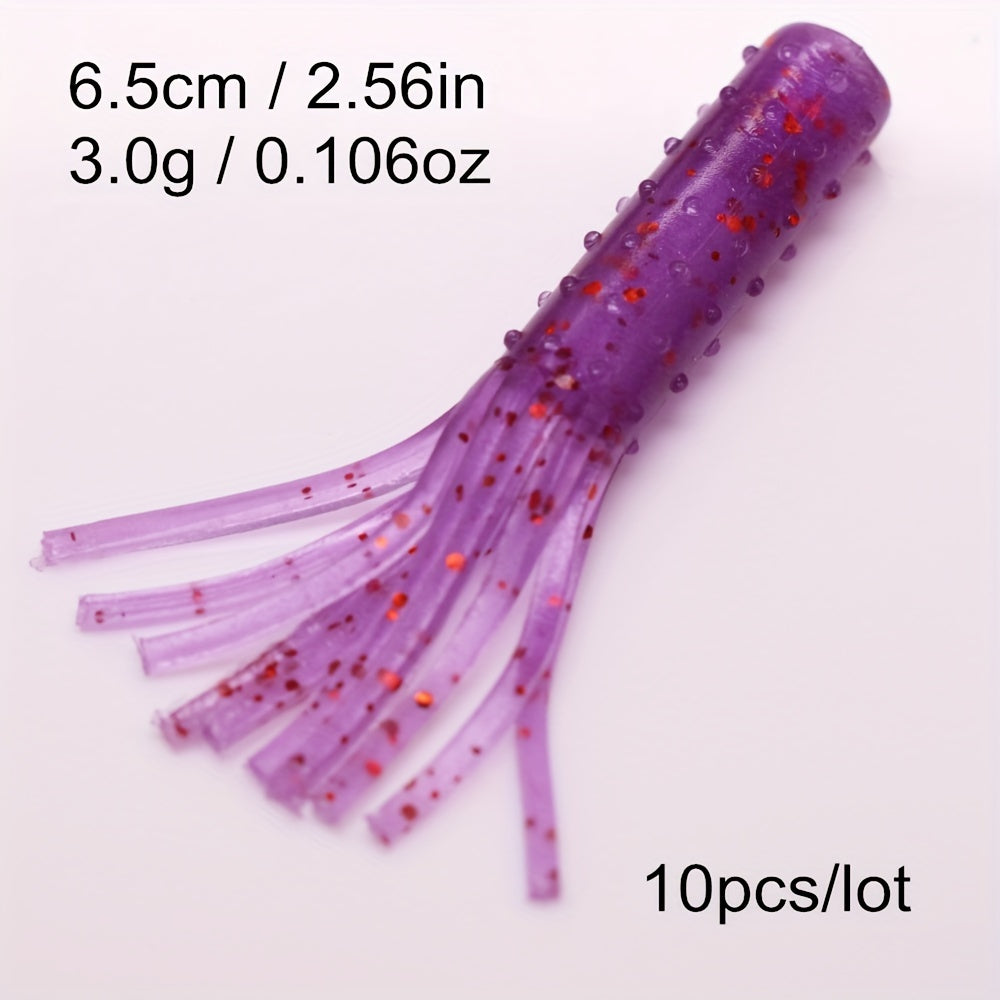 10pcs Tube Worms Skirt Rooster Tail Soft Fishing Lures 2.56in