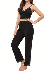 Lace Stitching Lounge Set V Neck Cami Top & Pants Women's Loungewear