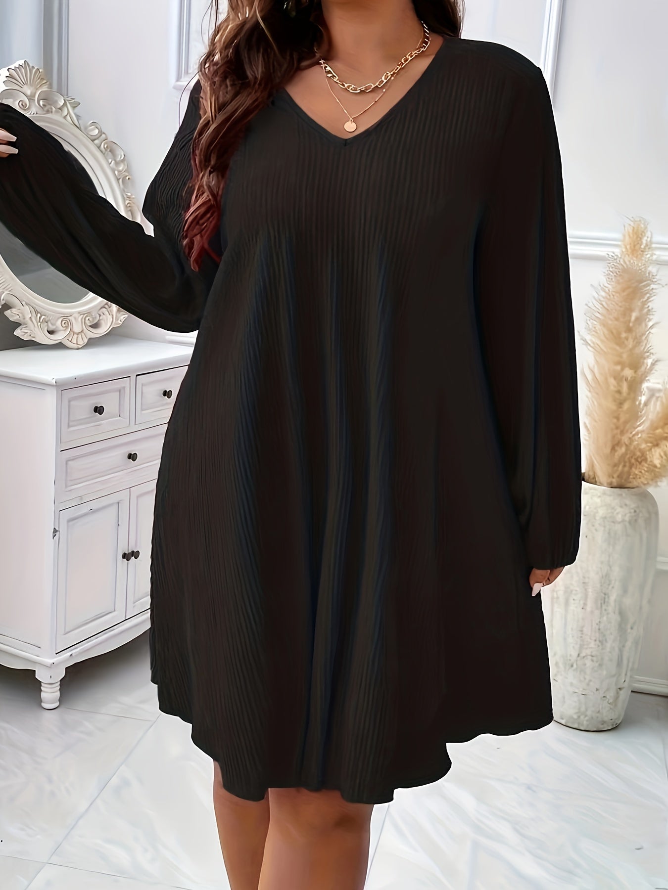 Solid Ribbed Lantern Sleeve V Neck Stretch Dress