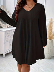 Solid Ribbed Lantern Sleeve V Neck Stretch Dress