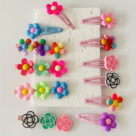 12pcs Baby Girls Snap Clip Cartoon Flower PVC Hair Clip