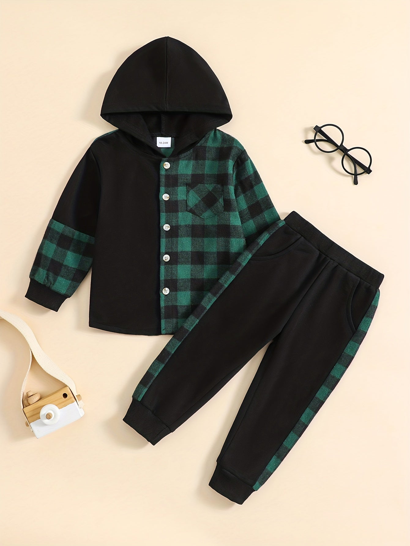 Toddler Boy's Hooded Shirt & Sweatpants Set Plaid Casual Outfits