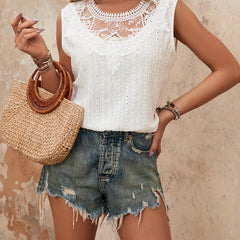 Eyelet Lace Patched Blouse Sleeveless Crew Neck Women's Clothing
