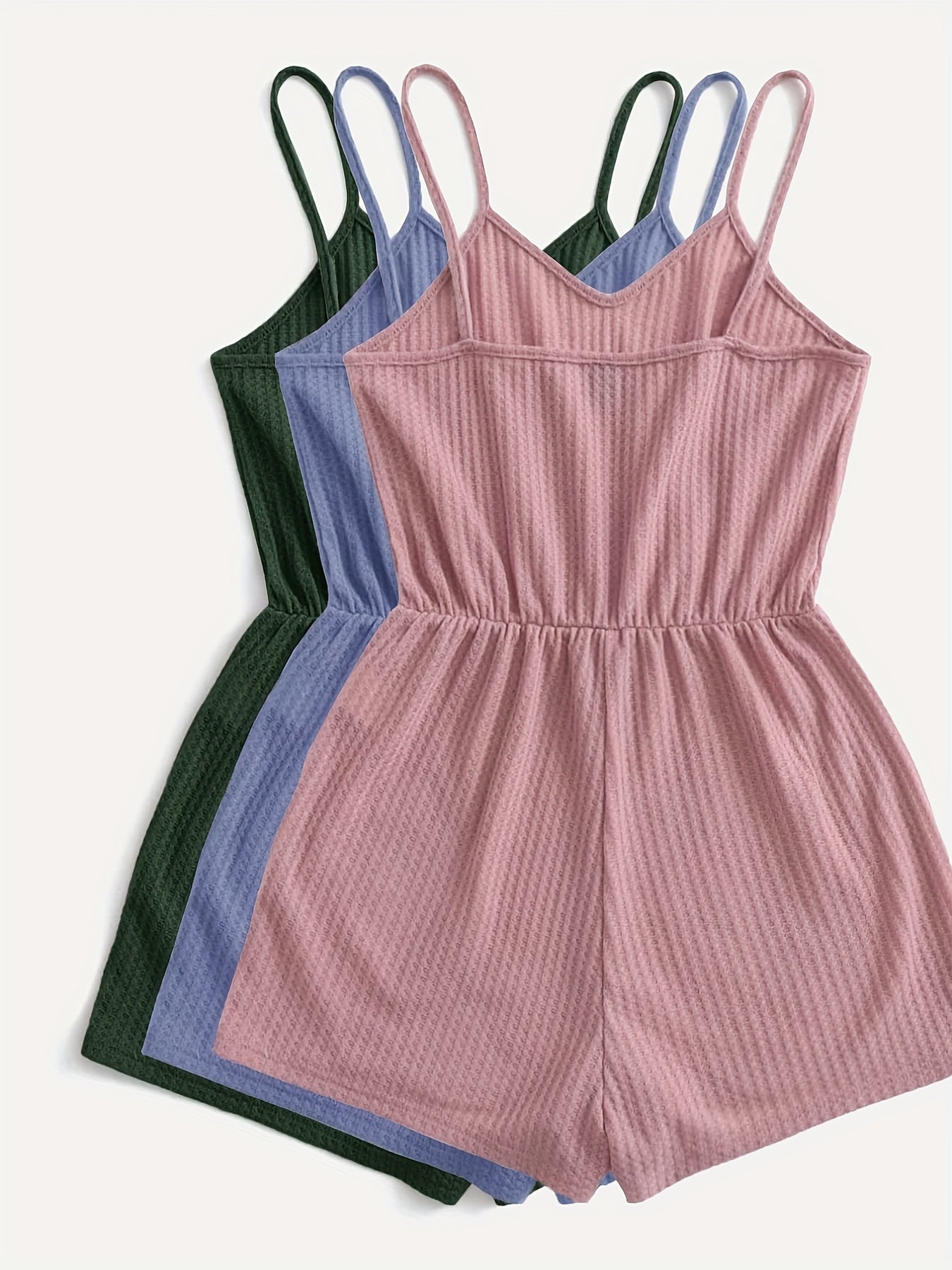 Solid Waffle Romper Jumpsuit 3 Pack V Neck Cami Romper