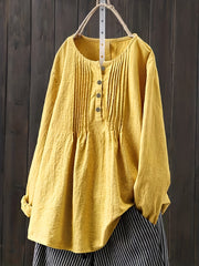 Casual Blouse Women's Solid Half Button Plicated Long Sleeve Top