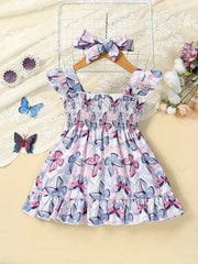 Baby Girls Butterfly Print Sleeveless Dress & Bow Headband Set