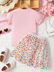 2pcs Girls Rainbow Ruffle Trim T Shirt & Polka Dot Mesh Tutu Skirt Set